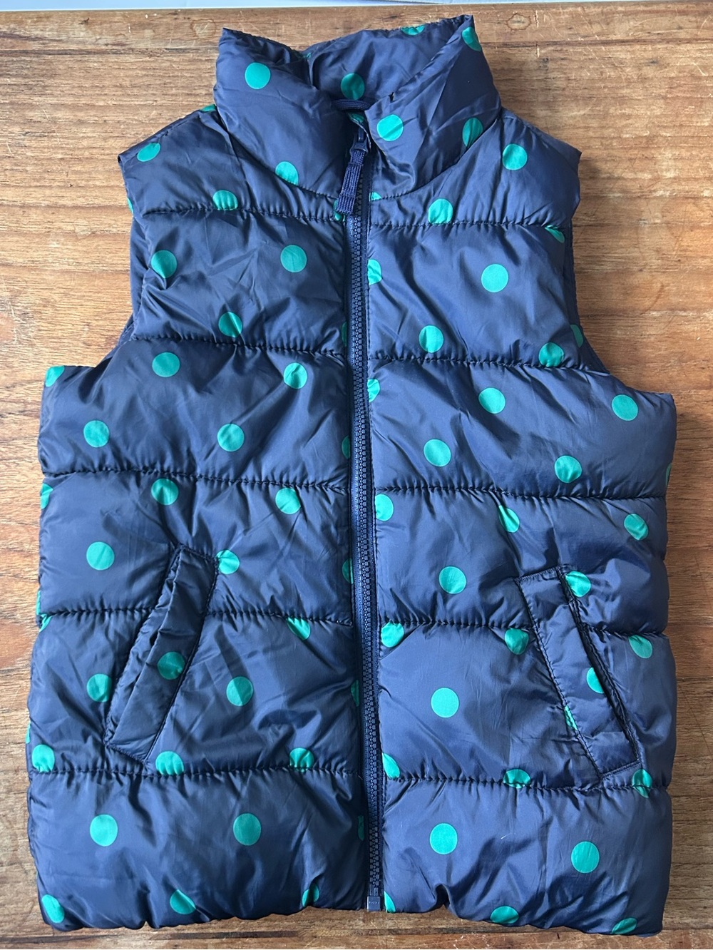 Old Navy Navy Blue Puffer Vest with Green Polka Dots, Sz. M (8)